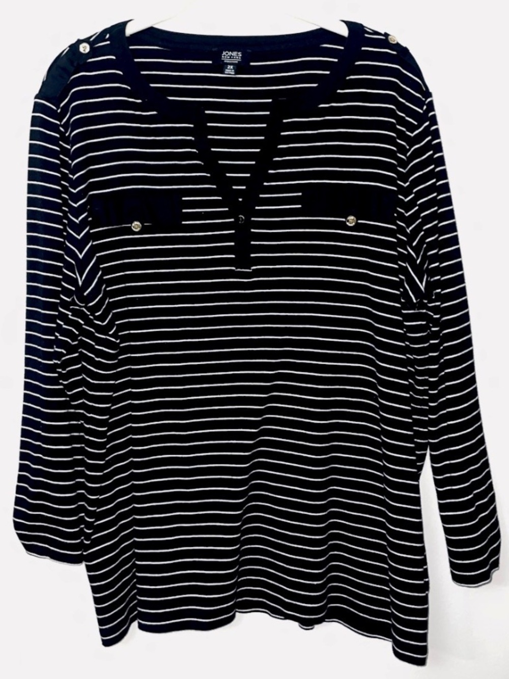 Jones New York 2X Black Striped Jersey Top Black 3/4 Sleeve & Gold Buttons
